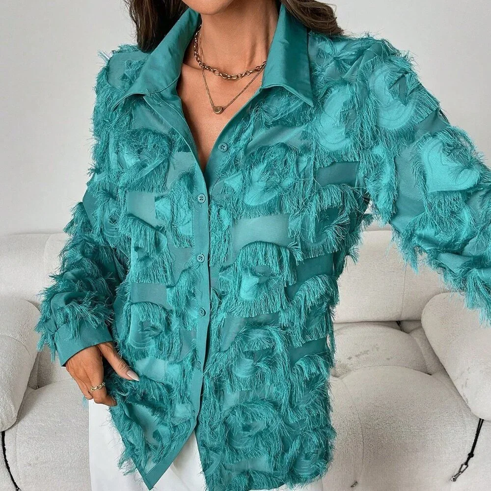 Cadet Blue Casual Women's Vacation Style Fuzzy Trim Long Sleeve Shirt - Picture 5 of 6